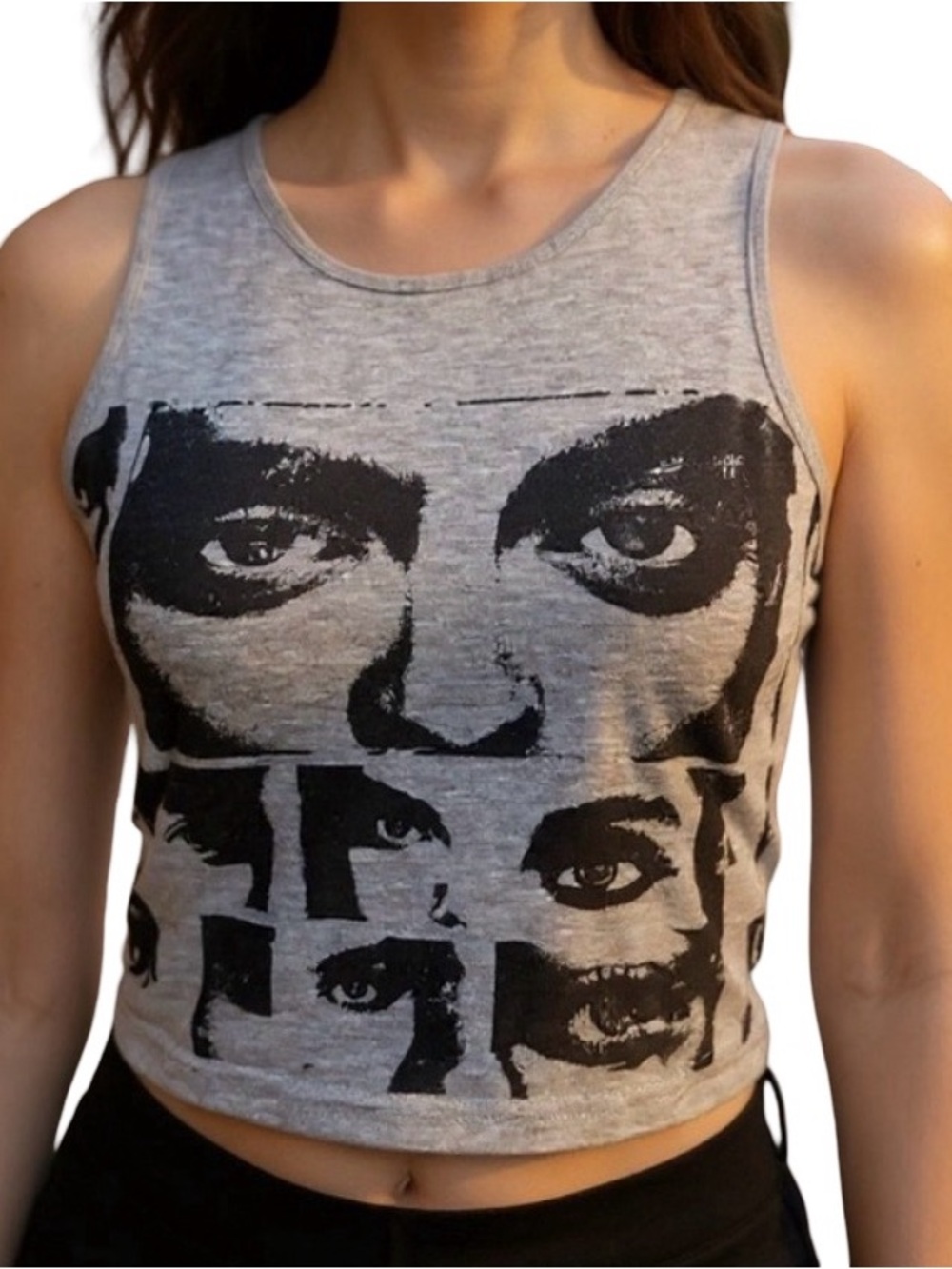 Crop Top Graphic Faces Print Grey Black Tank Top Size M